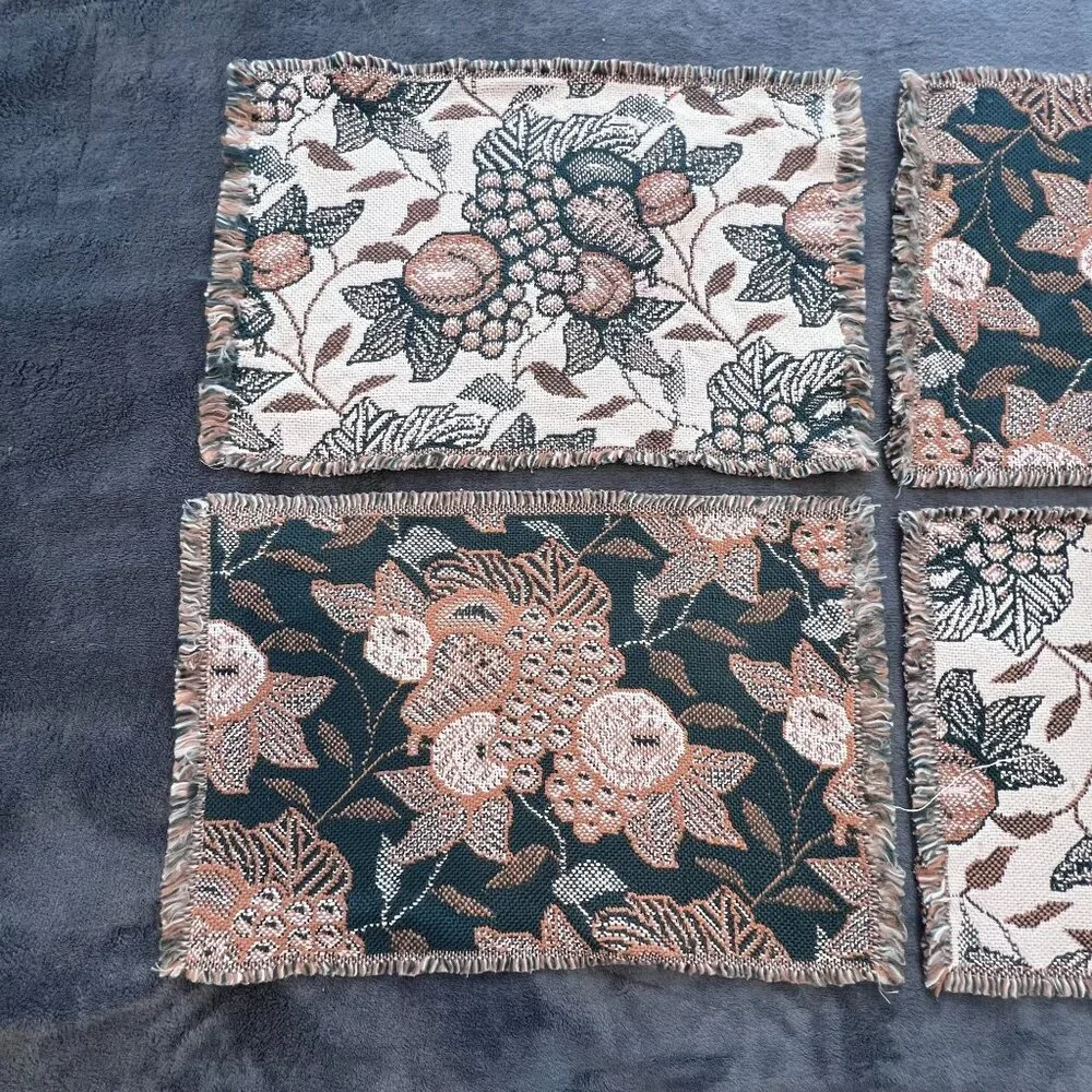 Set of 4 Vintage Tapestry Style Fabric Placemats with Fruit Fringe Edges 19